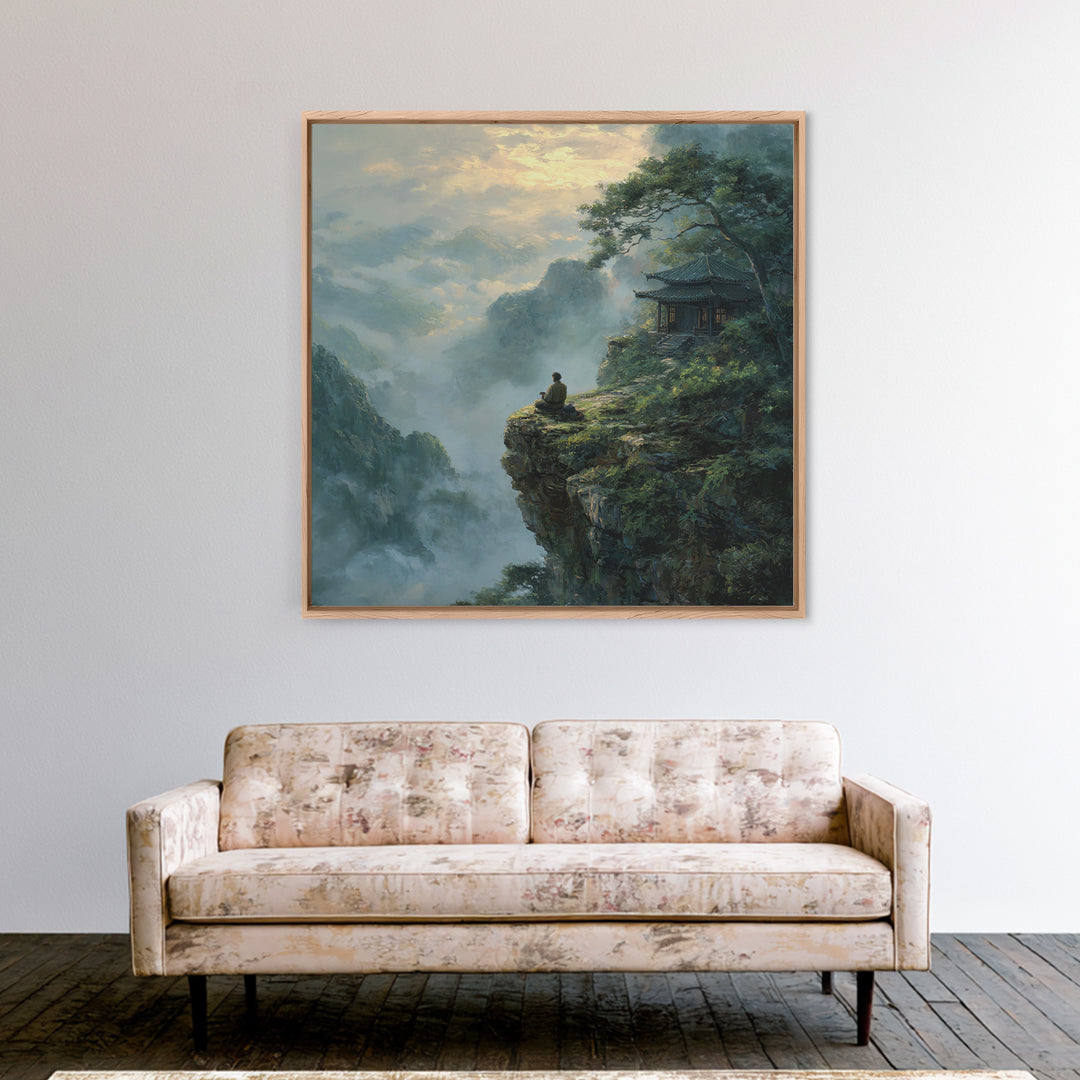 Zen Monk On Mountain Cliff Landscape Wall Art, Meditative Nature Canvas Print, Japanese Style Calming Home Decor