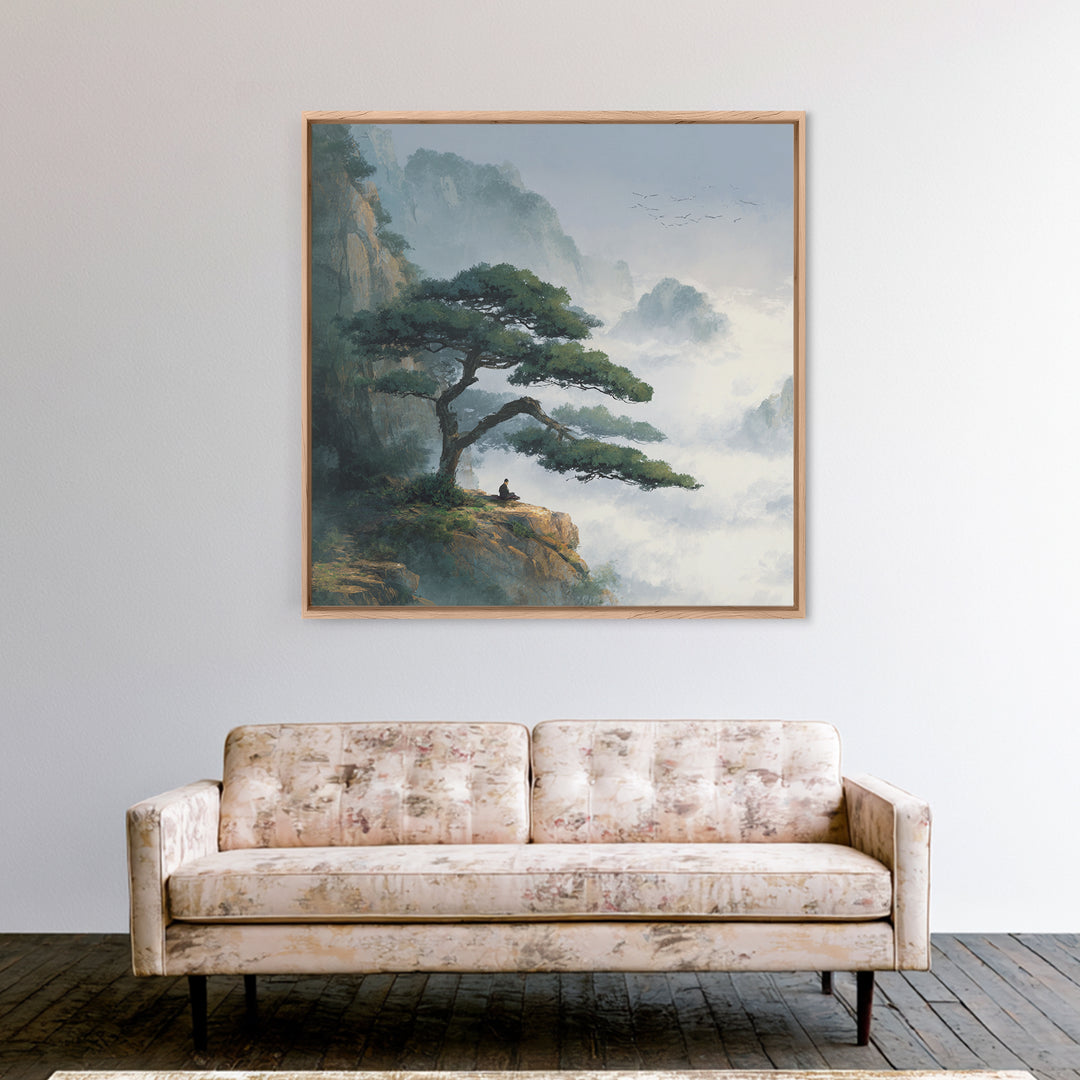Zen Mountain Meditation Landscape Wall Art, Serene Nature Painting, Calming Japandi Style Canvas Print For Home Decor