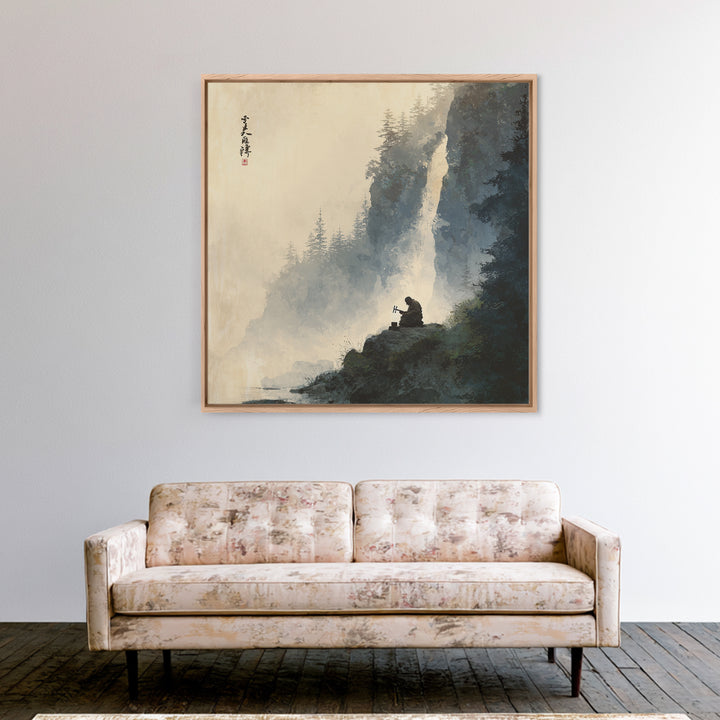 Meditating Monk By Waterfall Landscape Wall Art, Tranquil Zen Mountain Print, Japanese Inspired Nature Canvas Print