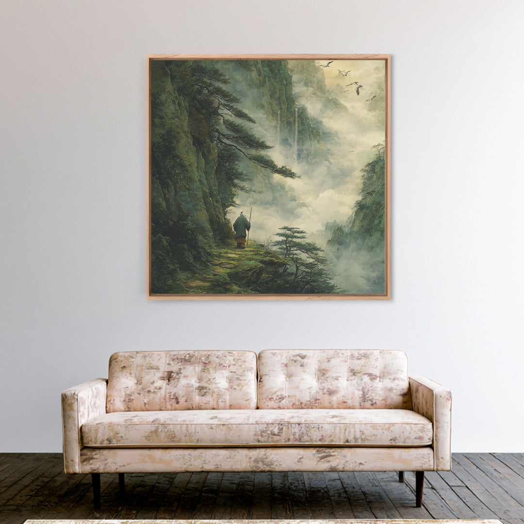 Misty Mountain Path Wanderer Wall Art, Tranquil Fantasy Landscape Painting Print, Zen Nature Home Decor Canvas Print