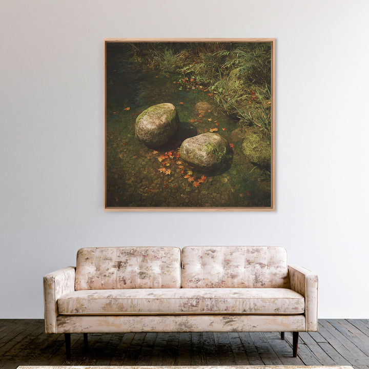 Zen River Stones With Autumn Leaves Wall Art, Tranquil Nature Landscape Canvas Print, Minimalist Forest Creek Decor For Spa Or Bedroom