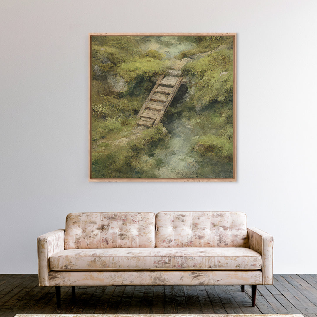 Rustic Wooden Footbridge Over Stream Wall Art, Tranquil Forest Landscape Canvas Print, Nature Home Decor For Bedroom Or Cozy Living Room