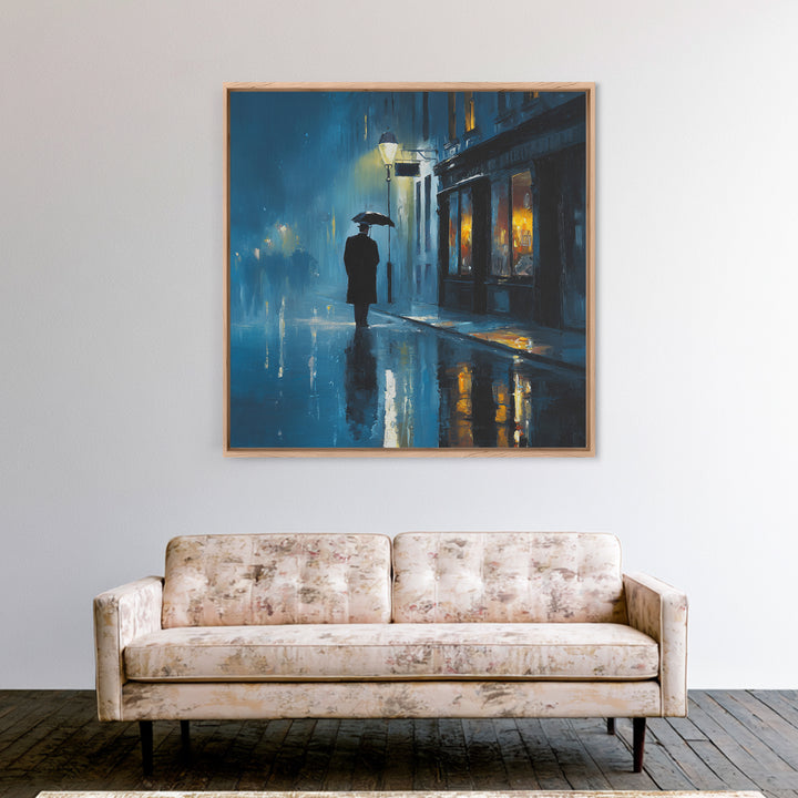 Rainy Blue City Street With Umbrella Canvas Print, Moody Urban Wall Art, Paris Cafe Decor, Romantic Bedroom Living Room Decor