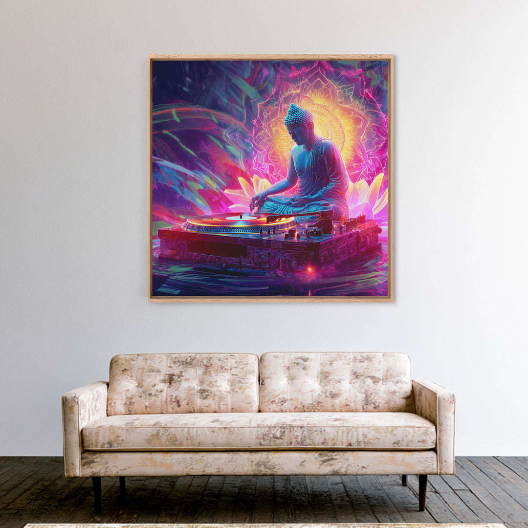 Meditative Buddha DJ Neon Wall Art Canvas Print, Psychedelic Spiritual Music Poster For Gaming Room And Modern Decor