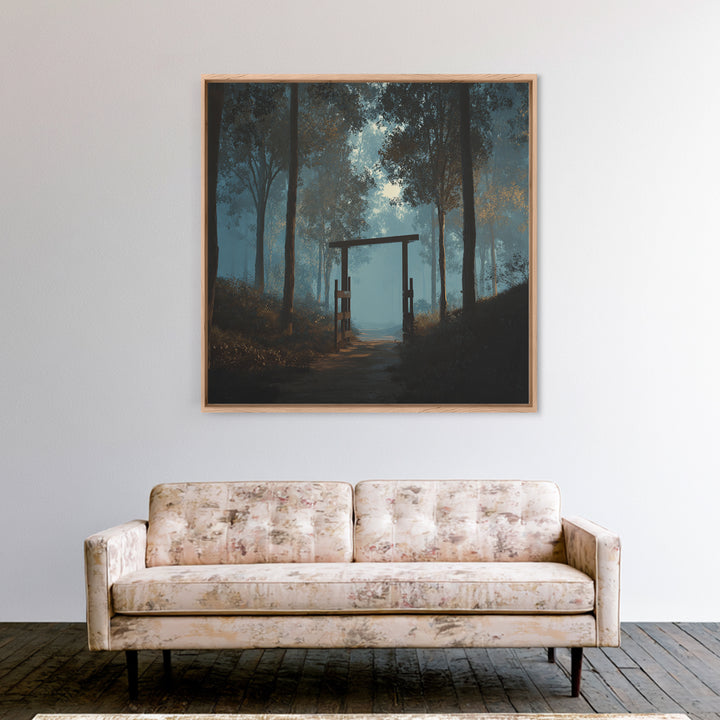 Moody Forest Gate Landscape Wall Art, Misty Woodland Path Canvas Print, Calming Nature Painting For Rustic Home Or Bedroom Decor