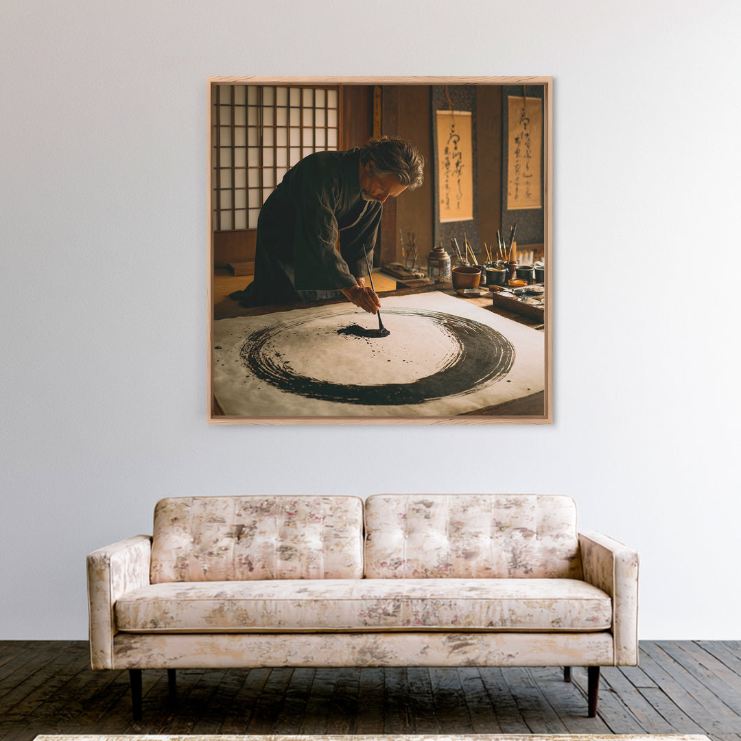 Japanese Calligrapher Painting Zen Enso Circle Wall Art, Serene Asian Ink Canvas Print For Mindful Home Decor