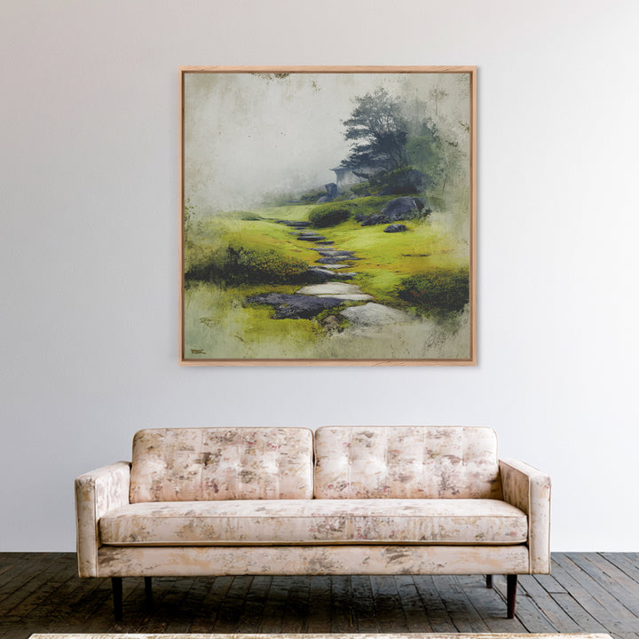 Misty Stone Path Garden Landscape Wall Art, Serene Zen Canvas Print, Wabi Sabi Nature Home Decor, Calming Wall Art