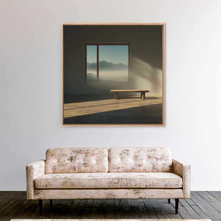 Minimalist Japandi Interior Wall Art, Sunlit Bench And Mountain View Framed Canvas Print, Neutral Zen Home Decor