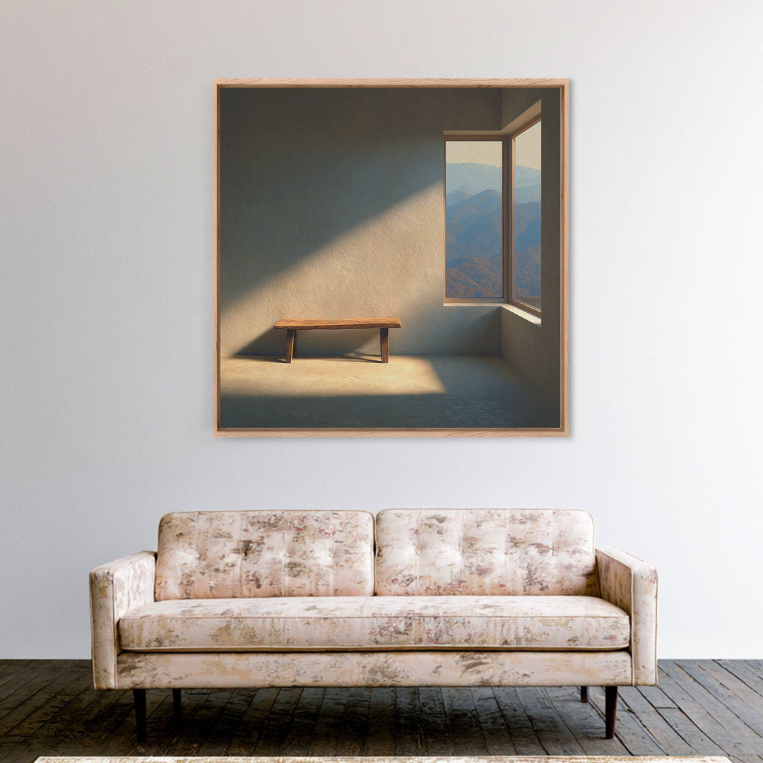 Minimalist Mountain View Bench Wall Art Modern Landscape Print Neutral Home Decor Living Room Wall Art Canvas Print