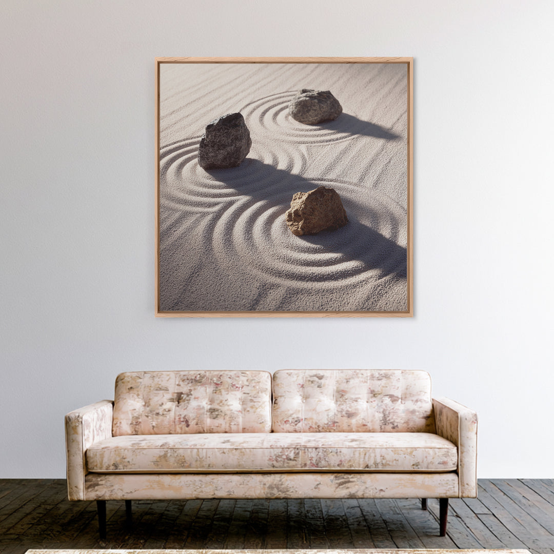 Minimalist Zen Rock Garden Wall Art, Neutral Japanese Canvas Print, Wabi Sabi Decor, Calming Modern Bedroom And Spa Wall Art