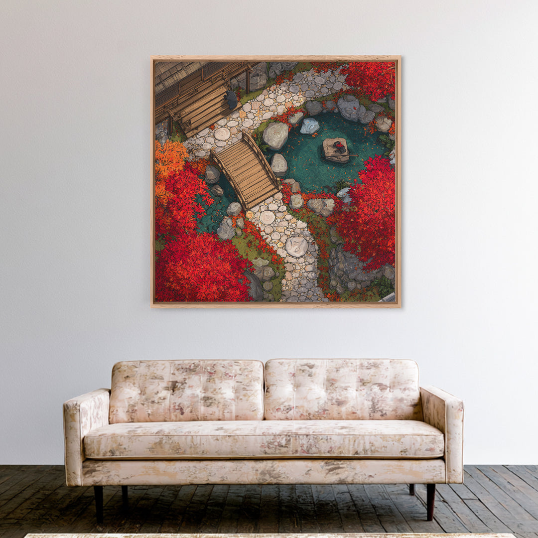 Autumn Japanese Garden Bridge Aerial Landscape Wall Art, Red Maple Trees Zen Pathway Canvas Print