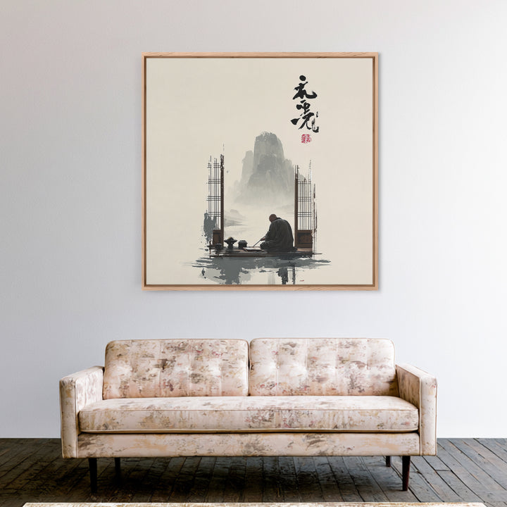 Zen Monk By Mountain Lake Wall Art, Minimalist Japanese Landscape Canvas Print, Calming Neutral Home Decor