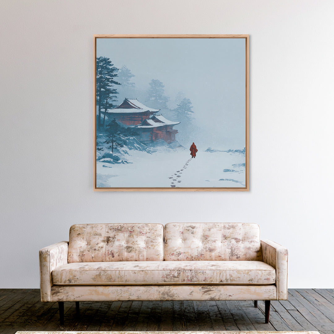 Solitary Monk Walking To Temple In Snow Wall Art, Minimalist Japanese Landscape Print, Tranquil Zen Home Decor