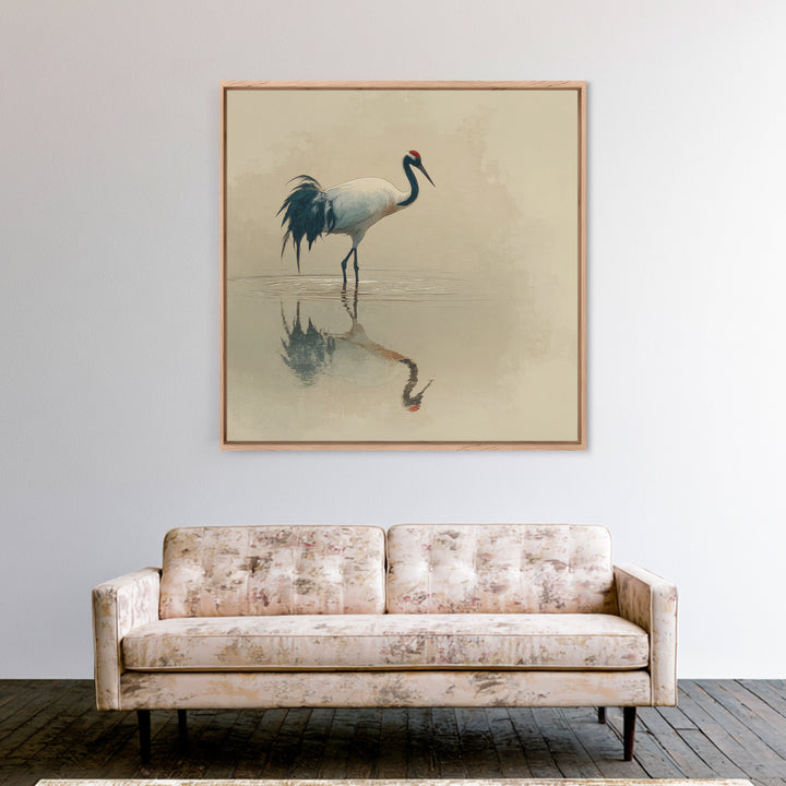 Elegant Red Crowned Crane Wall Art Print, Minimalist Japanese Bird Painting, Neutral Nature Canvas Print For Japandi Style Living Room Decor