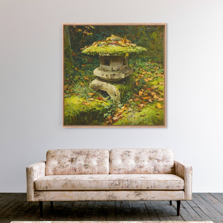 Japanese Garden Lantern Wall Art, Mossy Stone Sculpture Print, Tranquil Nature Decor, Wabi Sabi Garden Wall Art