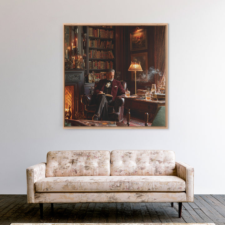 Elegant Gentleman Reading By Fireplace Framed Canvas Print, Dark Academia Library Wall Art, Old World Office Decor Gift For Him
