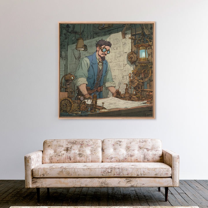 Steampunk Inventor Drafting Blueprints Canvas Print, Industrial Office Wall Art, Mechanical Workshop Decor, Gift For Him
