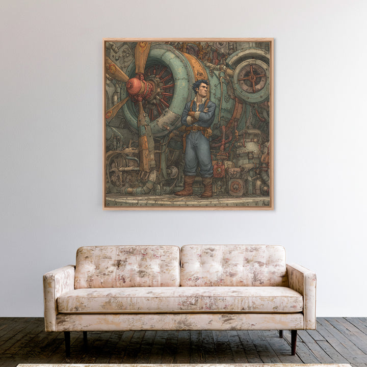 Steampunk Airship Mechanic By Giant Engine Framed Canvas Print, Industrial Sci Fi Wall Art, Mechanical Man Cave Decor Gift