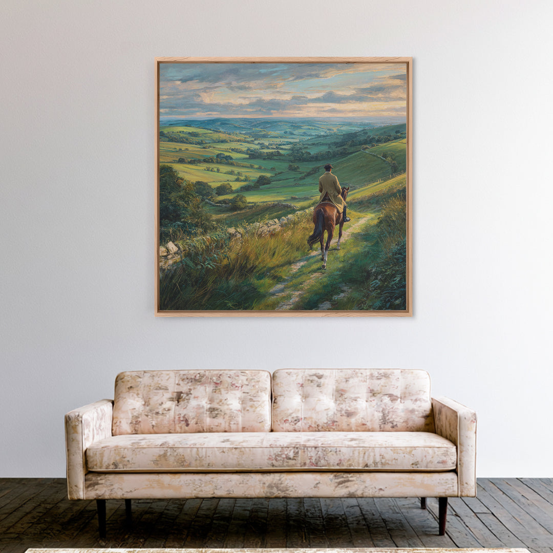 Horseback Rider Over Rolling Green Countryside Canvas Print, Equestrian Wall Art, Rustic Landscape, Country Home Decor, Gift For Horse Lover