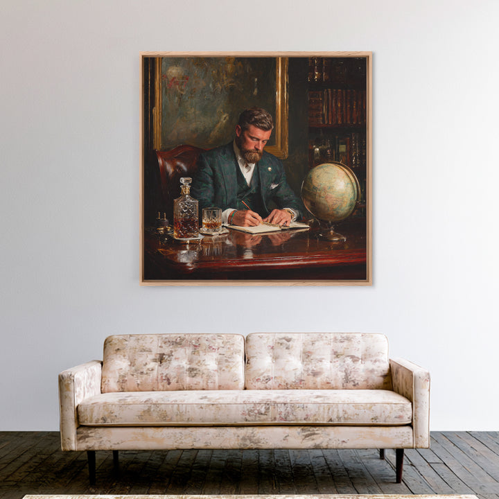 Bearded Gentleman Journaling In Moody Library Framed Canvas Print, Dark Academia Wall Art, Office Decor, Gift For Him, Masculine Decor