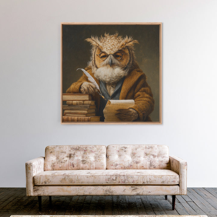 Whimsical Owl Scholar With Quill And Books Wall Art, Animal Portrait Canvas, Dark Academia Decor, Library Gift, Book Lover Gift