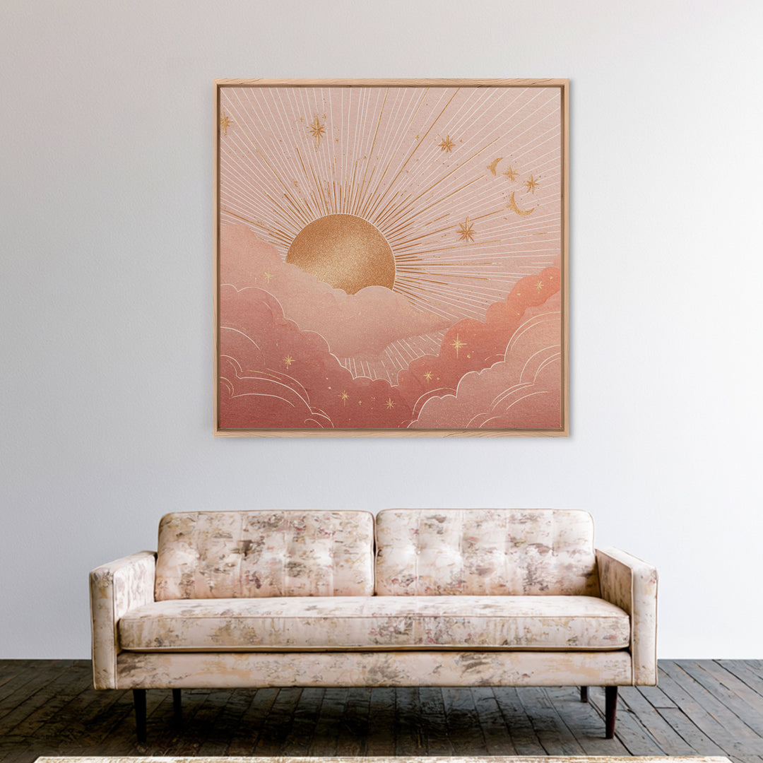 Boho Golden Sun Over Pink Clouds Wall Art, Celestial Sun And Moon Print, Warm Neutral Nursery Decor, Above Bed Decor Gift