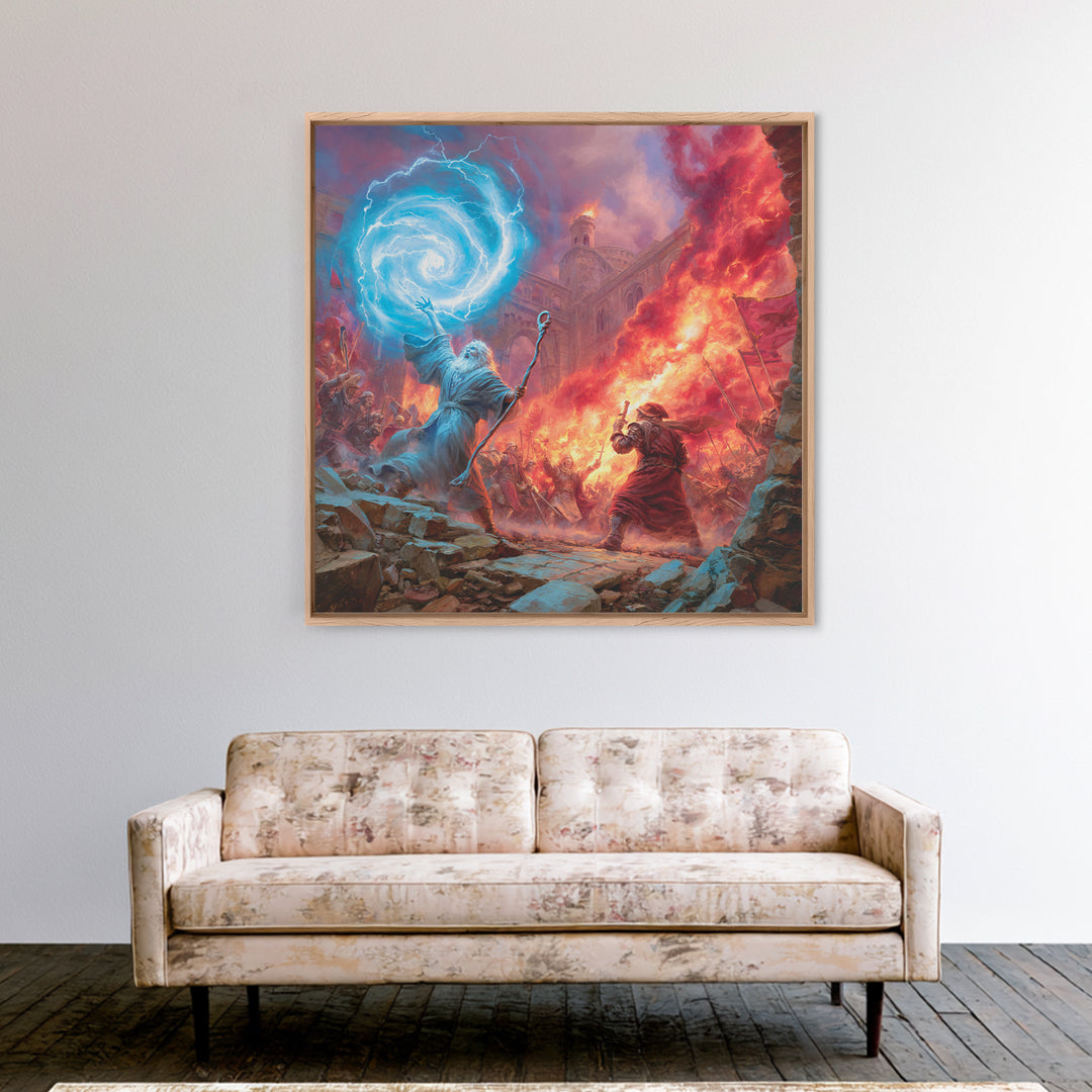 Epic Wizard Battle Canvas Print, Fantasy Wall Art With Fire Magic Portal, Dungeons And Dragons Decor, Gamer Room Gift, Epic Art