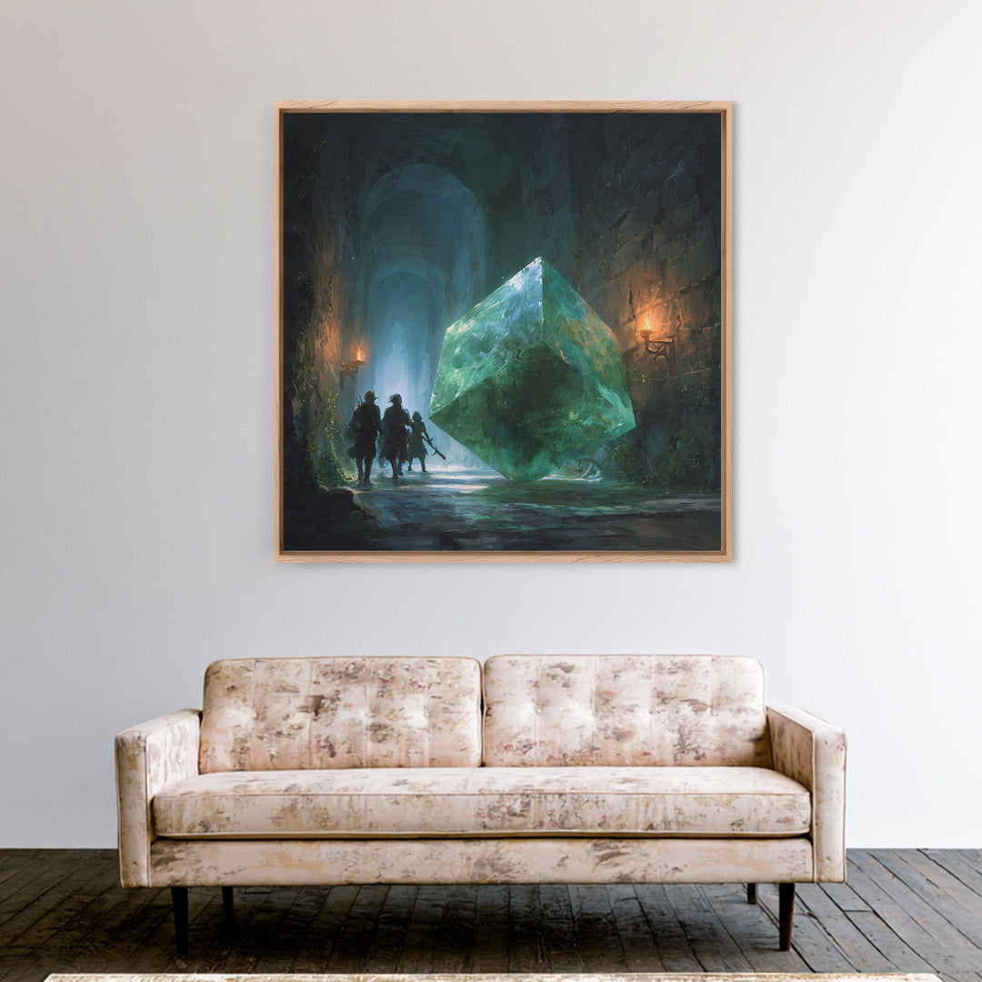 Glowing Green Crystal Dungeon Wall Art, Fantasy Adventure Canvas Print, Magical Library Decor, Dungeons And Dragons Gift