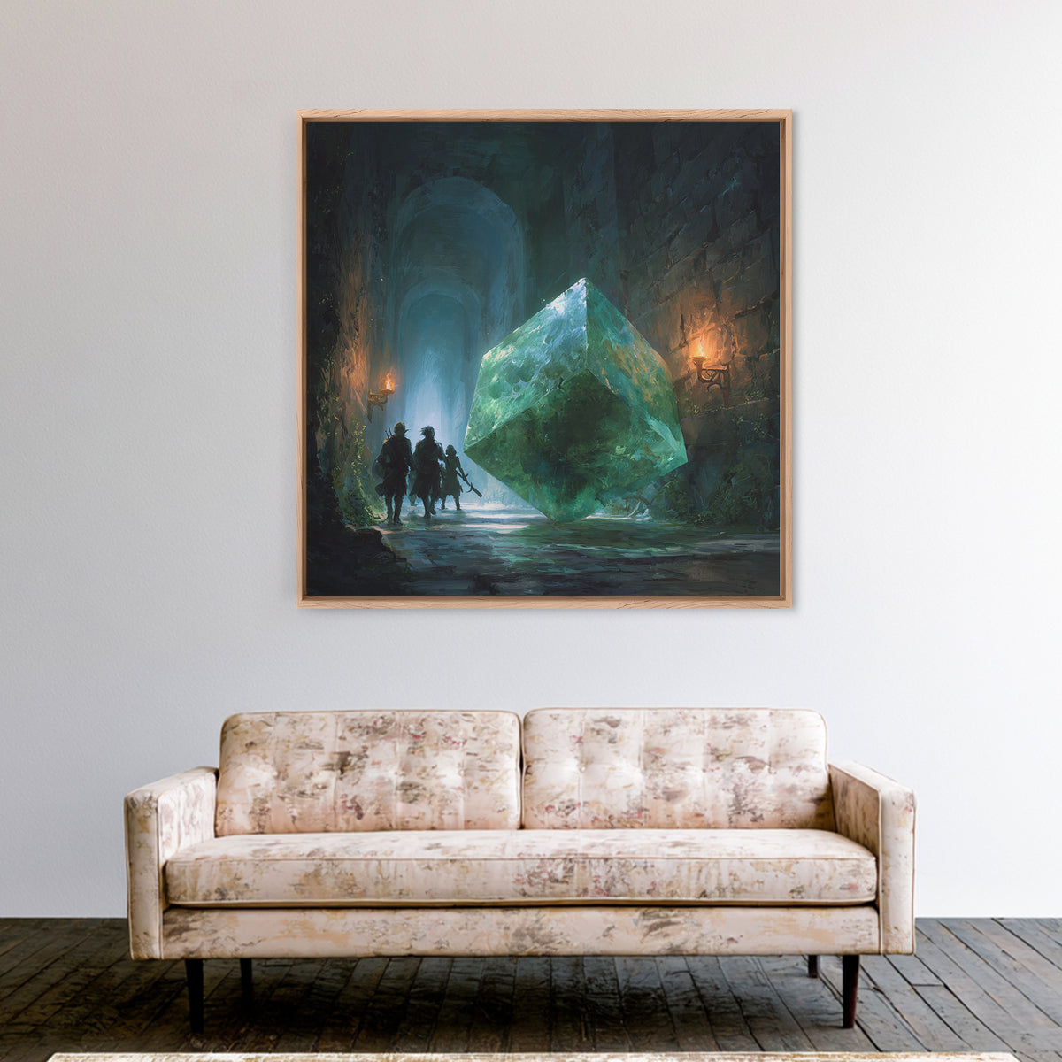 Glowing Green Crystal Dungeon Wall Art, Fantasy Adventure Canvas Print, Magical Library Decor, Dungeons And Dragons Gift