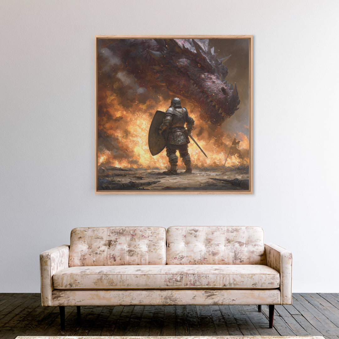 Armored Knight Facing Dragon Framed Canvas Print, Dark Fantasy Wall Art, Medieval Fire Battle Decor, Gamer Gift For Him, Dragon Art
