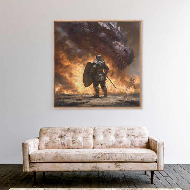 Armored Knight Facing Dragon Framed Canvas Print, Dark Fantasy Wall Art, Medieval Fire Battle Decor, Gamer Gift For Him, Dragon Art