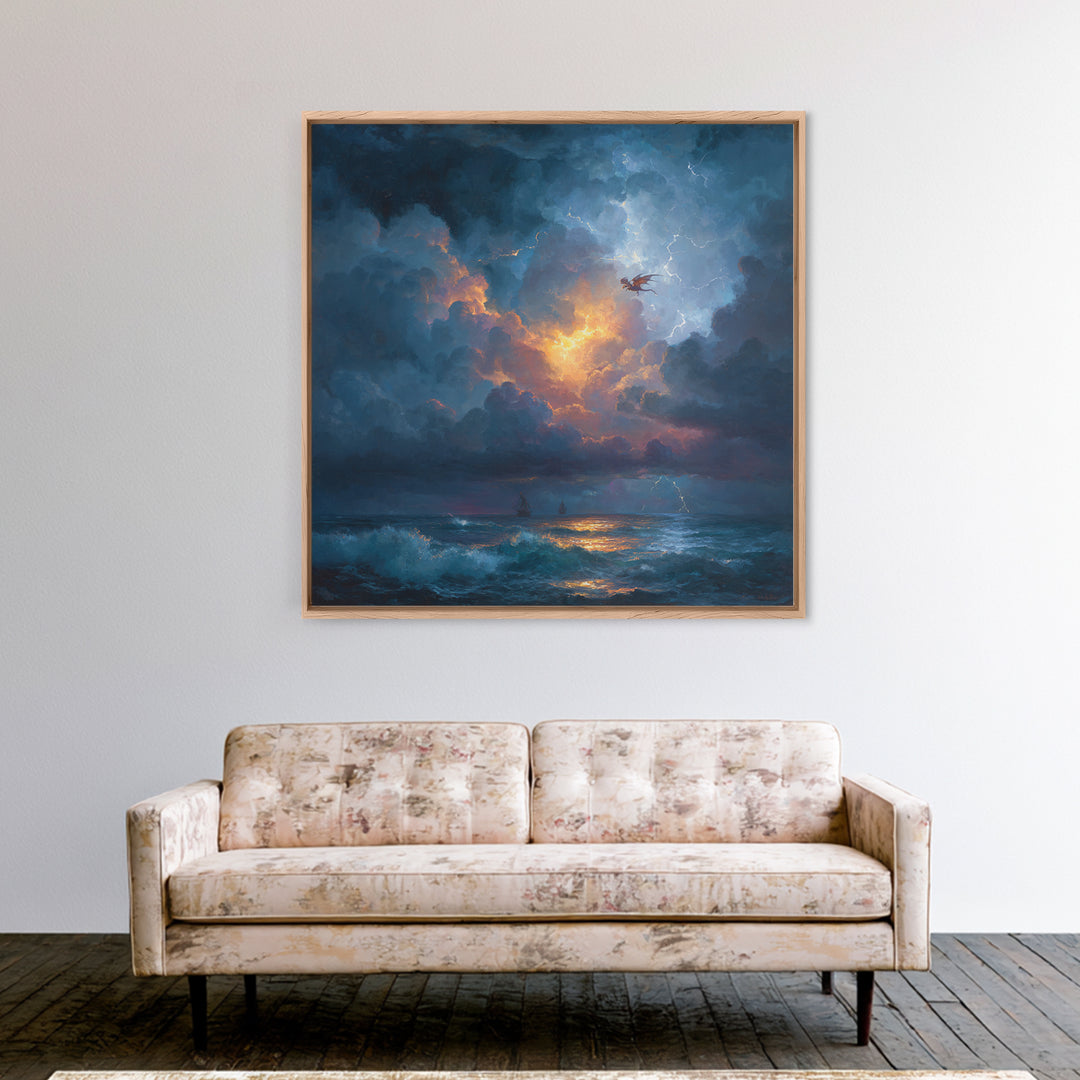 Stormy Ocean Dragon Seascape Canvas Print, Moody Coastal Wall Art, Dark Fantasy Landscape, Nautical Decor Gift For Him, Storm Art