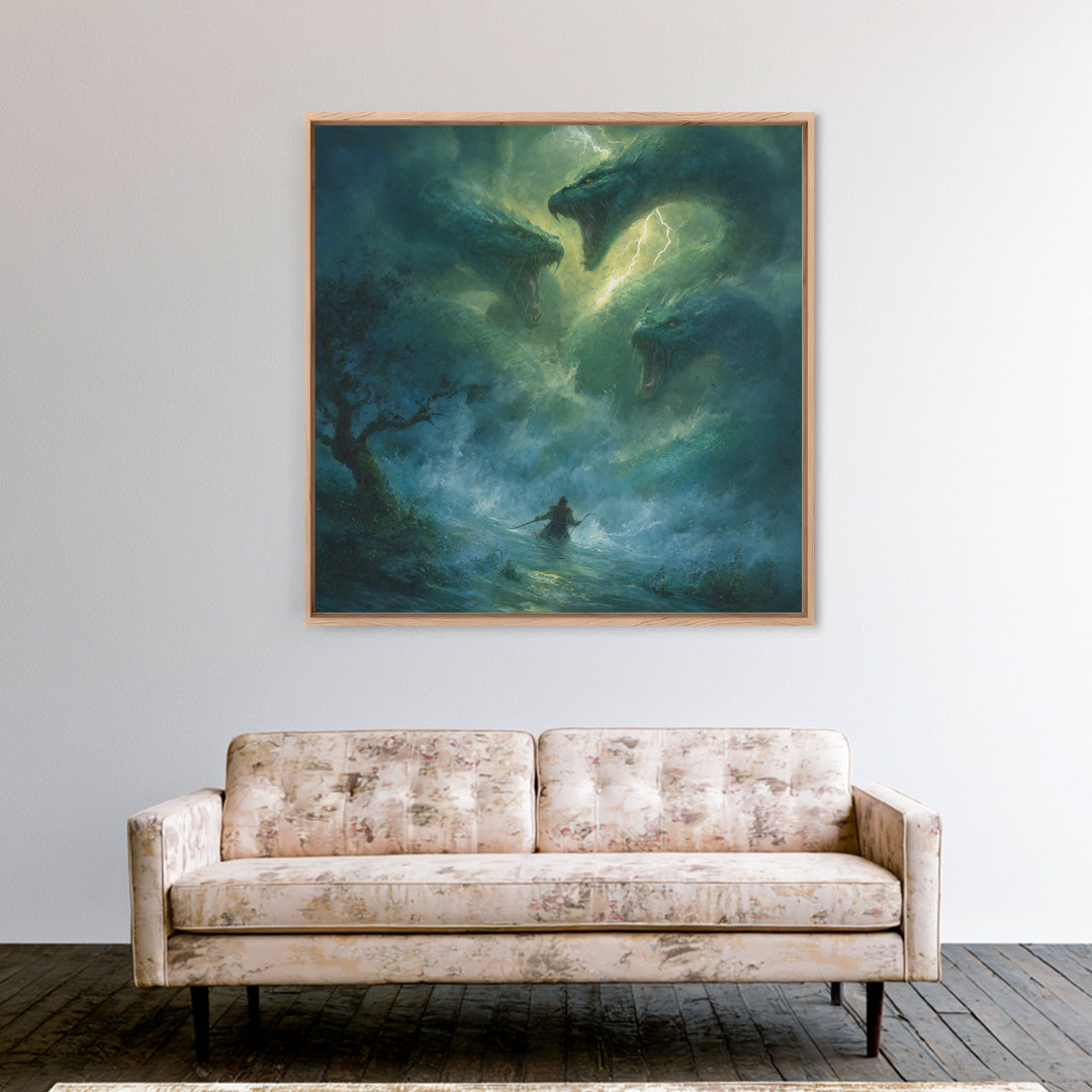 Three Headed Sea Serpent Storm Wall Art, Dark Fantasy Canvas Print, Mythical Creature Decor, Dragon Art Gift For Him, Epic Battle