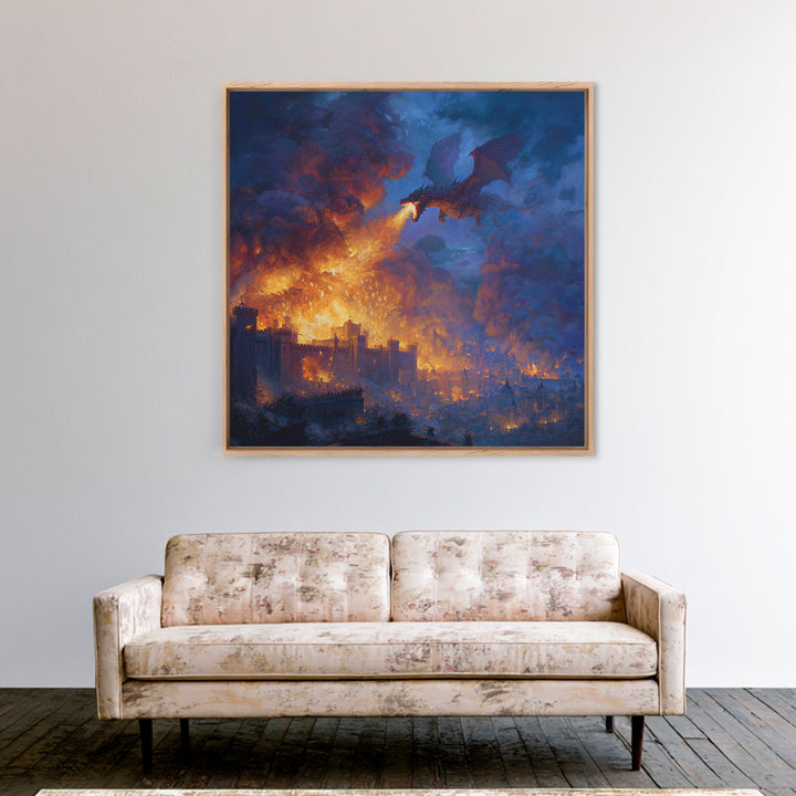 Fire Breathing Dragon Over Burning City Wall Art, Dark Fantasy Canvas Print, Medieval Castle Decor, Epic Gamer Gift For Him