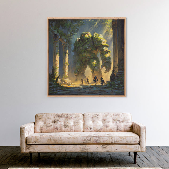 Moss Covered Forest Golem Ruins Wall Art, Fantasy Canvas Print, Whimsical Adventure Decor, Magical Woodland Artwork For Game Room