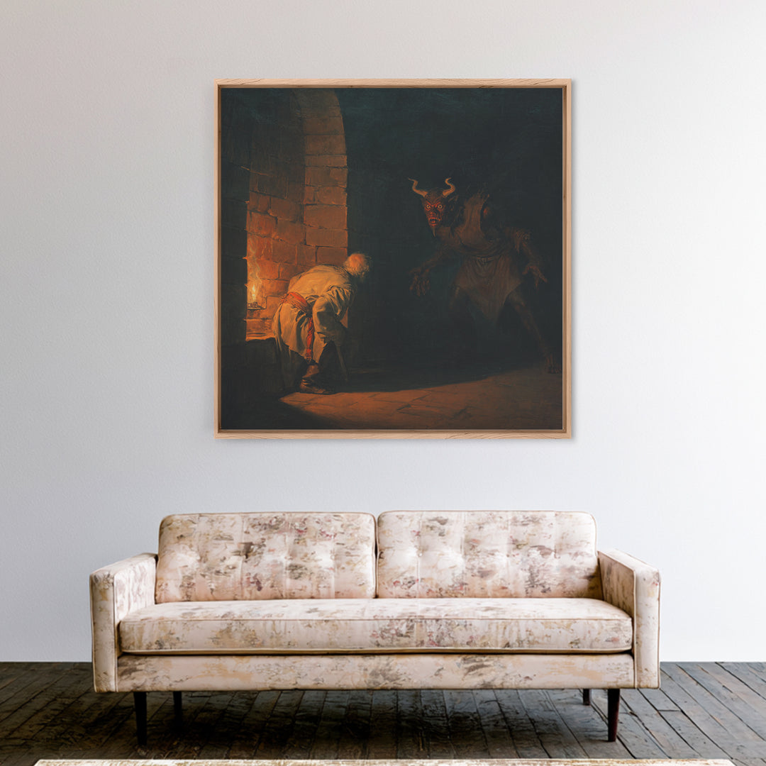 Candlelit Dungeon Demon Encounter Wall Art, Dark Fantasy Canvas Print, Gothic Horror Decor, Medieval Monster Artwork For Study