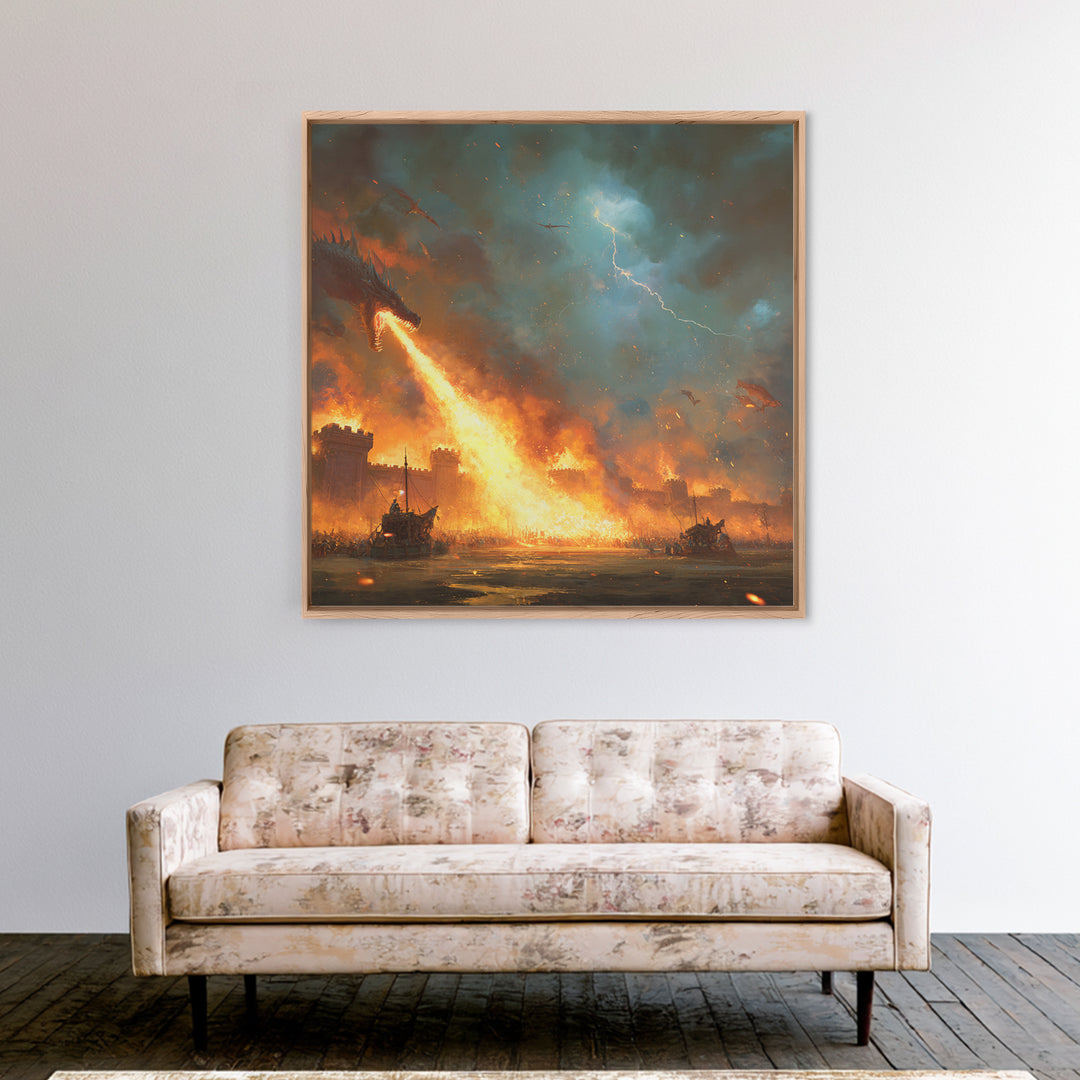 Fire Breathing Dragon Siege Wall Art, Epic Fantasy Canvas Print, Medieval Castle Battle Decor, Dramatic Game Room Artwork