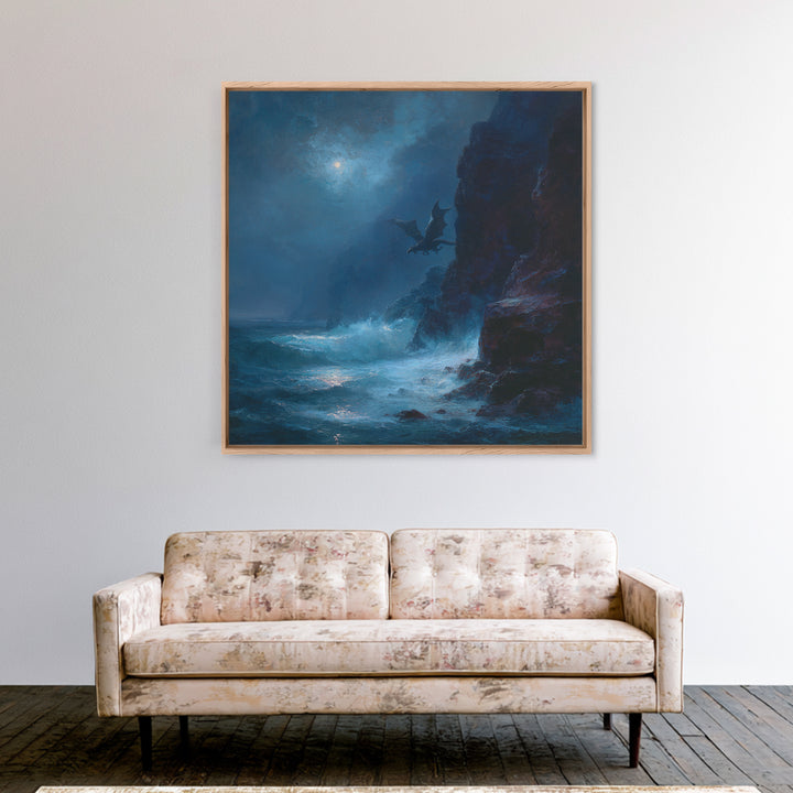 Moonlit Dragon Over Stormy Sea Cliffs Wall Art, Fantasy Seascape Canvas Print, Moody Coastal Decor, Gothic Ocean Artwork