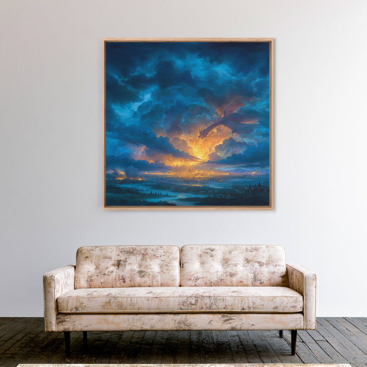 Storm Cloud Dragon Above Glowing Kingdom Wall Art, Fantasy Landscape Canvas Print, Dramatic Sky Decor, Epic Castle Artwork