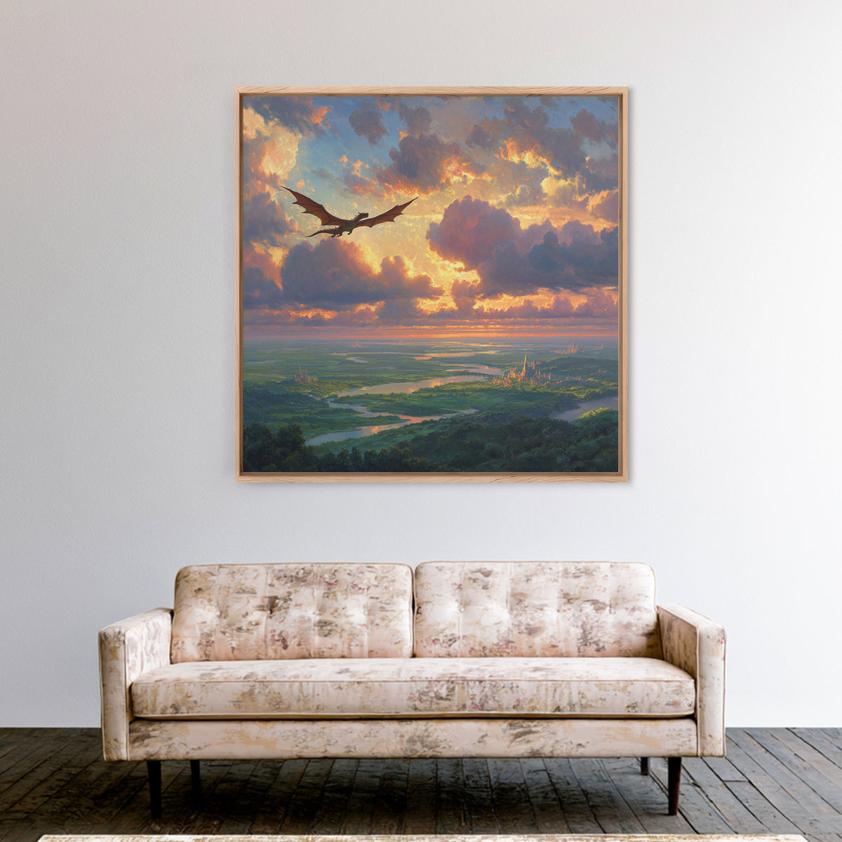 Soaring Dragon Sunset Valley Wall Art, Fantasy Landscape Canvas Print, Castle Kingdom Decor, Dreamy Adventure Artwork For Living Room