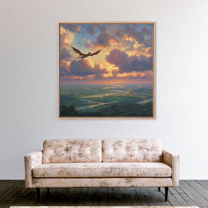 Soaring Dragon Sunset Valley Wall Art, Fantasy Landscape Canvas Print, Castle Kingdom Decor, Dreamy Adventure Artwork For Living Room