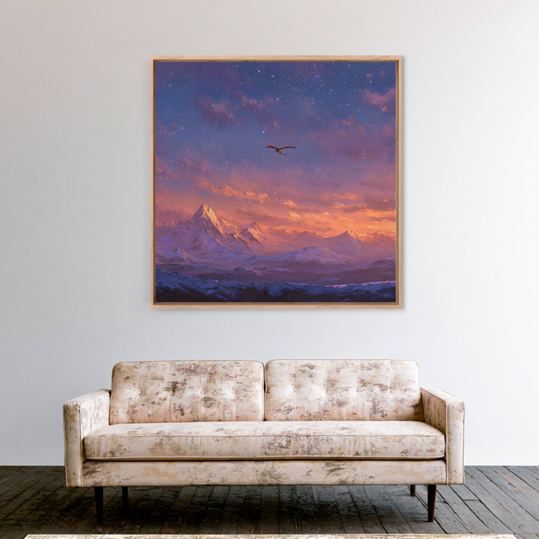 Starry Mountain Dragon Flight Wall Art, Fantasy Canvas Print, Snowy Alpine Landscape Decor, Celestial Adventure Artwork For Bedroom