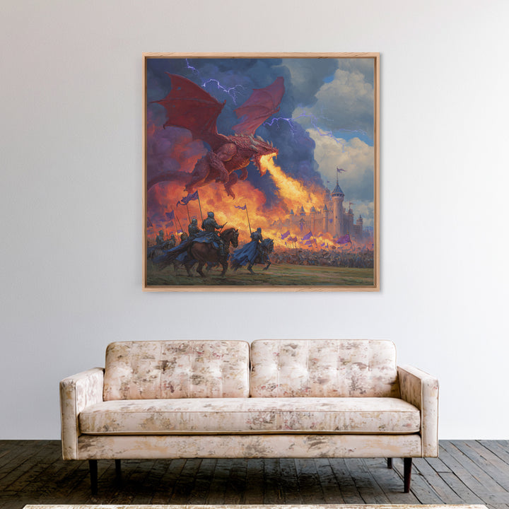 Red Dragon Castle Siege Wall Art, Epic Fantasy Framed Canvas Print, Medieval Battle Decor, Knight Adventure Game Room Artwork