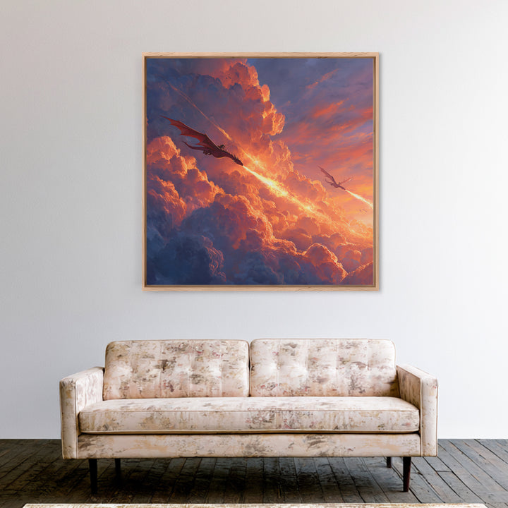 Dragons Blazing Through Sunset Clouds Wall Art, Fantasy Canvas Print, Fiery Sky Decor, Epic Mythical Adventure Artwork For Office