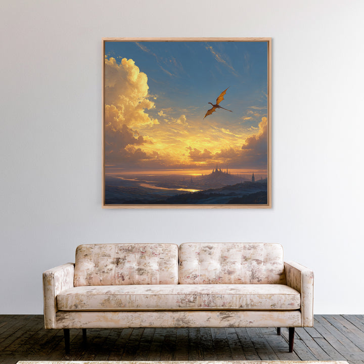 Lone Dragon Over Golden Horizon Wall Art, Fantasy Landscape Canvas Print, Sunset Castle Decor, Serene Coastal Artwork For Living Room