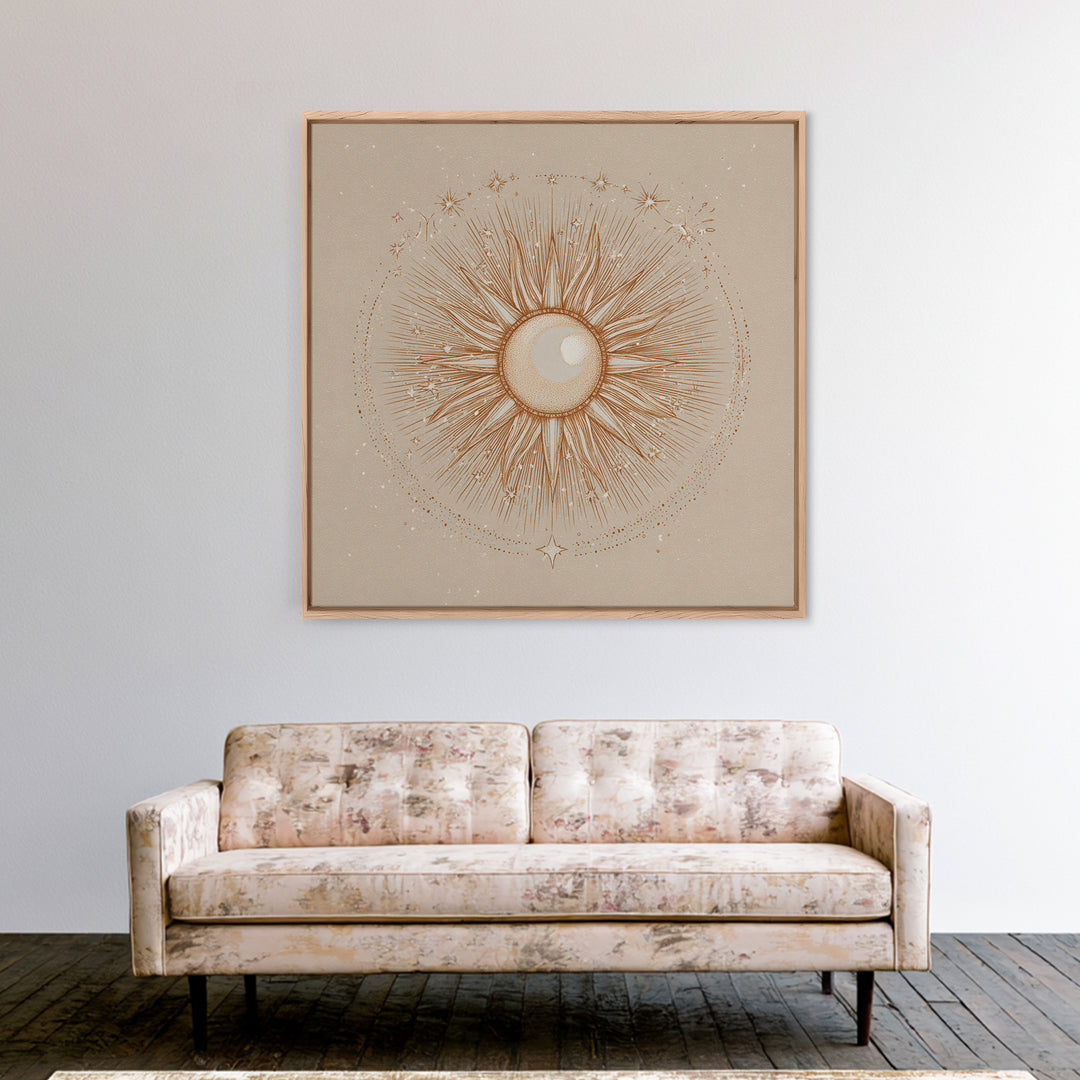 Celestial Sunburst Moon Line Art Framed Canvas Print, Neutral Boho Wall Art, Mystical Minimalist Bedroom Decor, Above Bed Decor