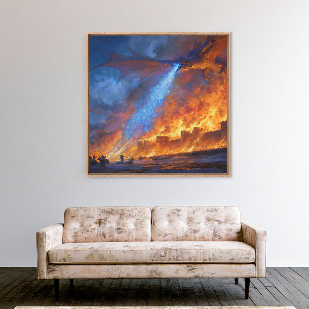 Blue Fire Dragon Siege Wall Art, Epic Fantasy Canvas Print, Medieval Castle Battle Decor, Large Gamer Room Wall Decor Gift For Him