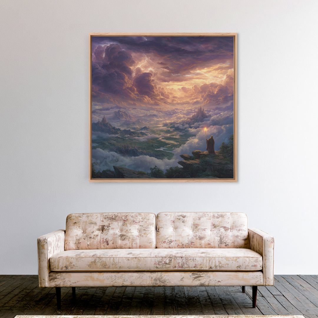 Storm Wizard Over Cloud Kingdom Wall Art, Epic Fantasy Landscape Canvas Print, Dark Academia Office Decor, Large Gift For Him