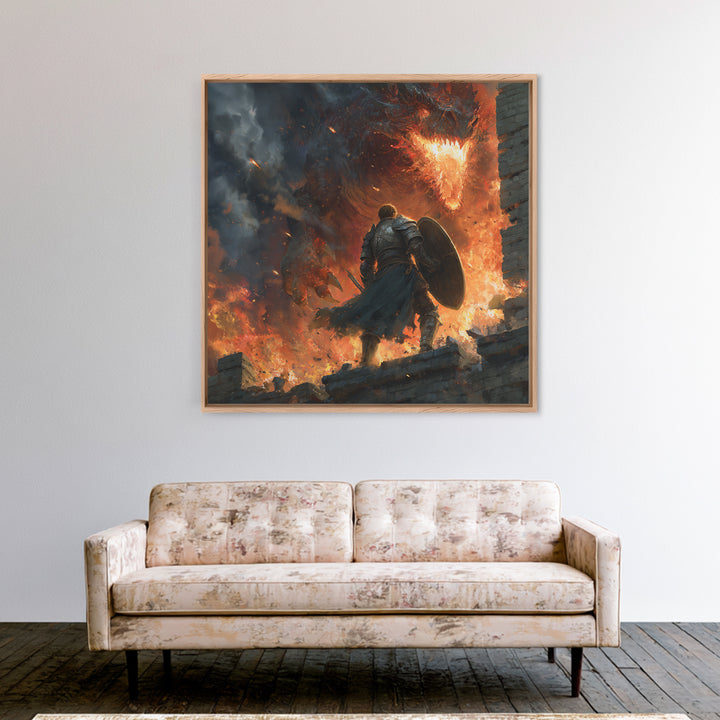 Knight Facing Fire Dragon Wall Art, Dark Fantasy Canvas Print, Medieval Battle Decor, Large Gothic Gamer Room Gift For Him