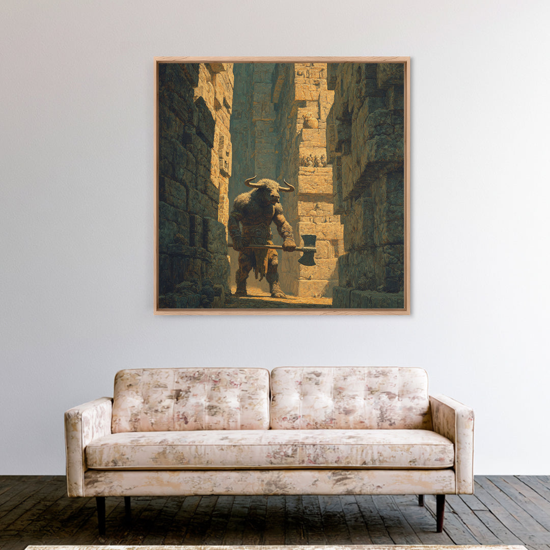 Minotaur In Ancient Stone Alley Wall Art, Mythological Fantasy Canvas Print, Rustic Medieval Decor, Man Cave Gift For Him
